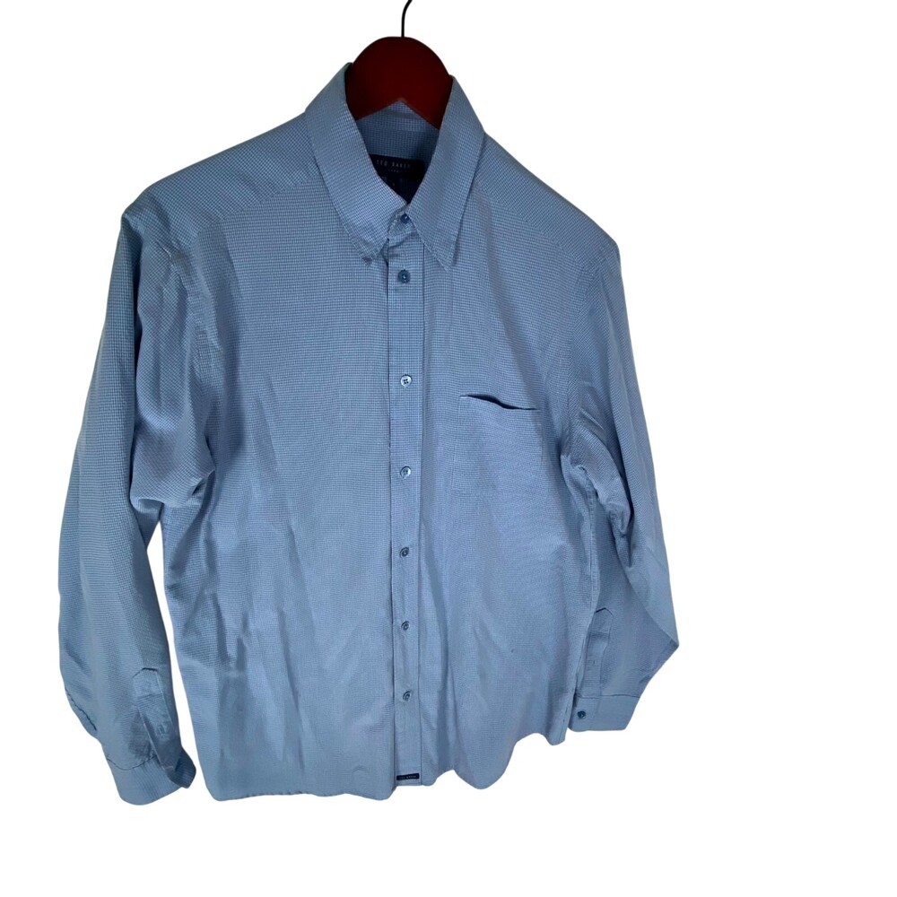 Ted Baker Dress Shirt Mens 3 Blue Black Plaid Rayon Pleated Long Sleeve Collared